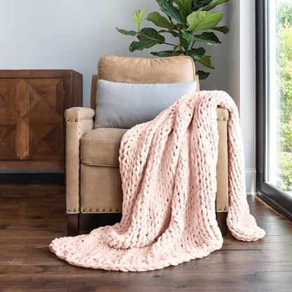 Merit Linens Chunky Knit Throw Blanket - One Size Blush - color: Chunky Hand-knit Blush