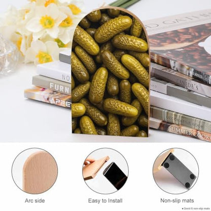 Wooden Book Ends with Metal Base Bookends Supports for Shelves, Pickle | Cucumber, Non-Slip Book Stoppers for Magazines, Books, DVDs, Small, 1 Pair - color: Style(633)