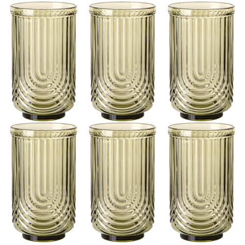 Green Vintage Drinking Glasses Set of 6-17oz Hand-Blown Highball Ribbed Glassware, Arch Design Cocktail Glasses for Whiskey Water Beverages Ice Coffee Juice Milk - color: Green, size: 17oz