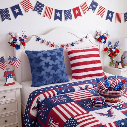 Tiamon 4 Pcs Patriotic 4th of July Throw Pillow Covers 18 x 18 Inch USA Flag American Plush 3D Embroidered Pillow Cases Red White Blue Stripe Star Cushion Covers for Independence Day Decor Sofa Bed - style: Stripe and Star