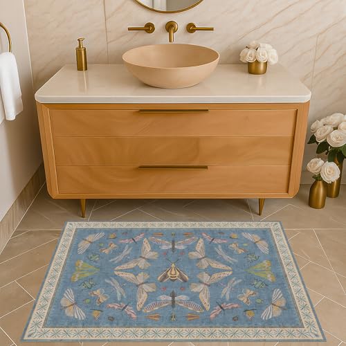 Dusty Blue Bathroom Rug 2x4 - Aqua Blue Rug for Entryway Indoor Entrance, Kitchen Floor, Washable Low Pile Stain & Fade Resistant, Waterproof Insect Floral Decor - color: Blue, size: 2' x 4' (Rectangular)