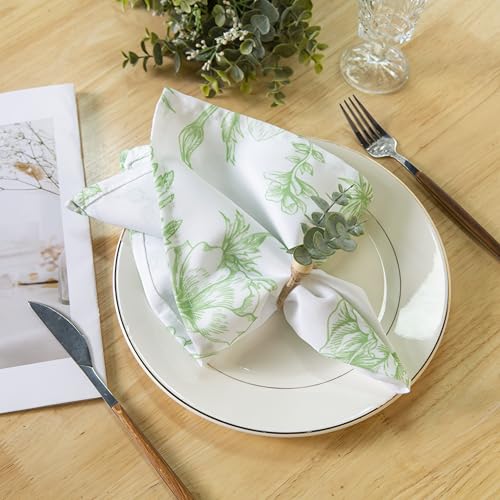 PLOYMONO Green Floral Cloth Napkins - 8 Pack 17" x 17" Polyester Napkins | Heavy Duty 180 GSM Cloth Napkins with Hemmed Edges - Great for Restaurants, Weddings, Parties, Banquets Dinner - color: Green Floral