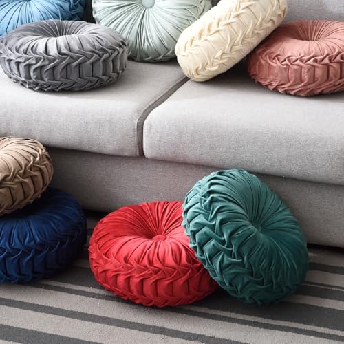 Round Throw Pillow Velvet 1 Pcs 14.17" Home Decoration Pleated 3D Pumpkin Pillow Cushion for Couch Chair Bed Car (Red)
