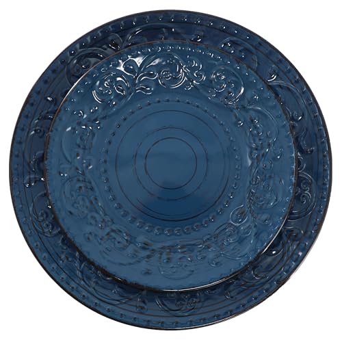 Elama Malibu Deep Ocean 16-Piece Stoneware Embossed Pattern Reactive Glaze Dark Blue Dinnerware Set, Tableware, Serveware Set (Deep Ocean Blue) - color: Deep Ocean Blue