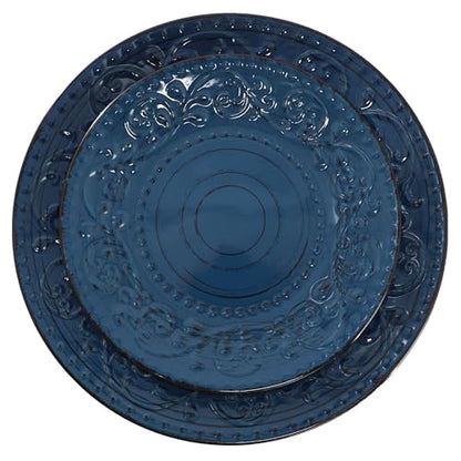 Elama Malibu Deep Ocean 16-Piece Stoneware Embossed Pattern Reactive Glaze Dark Blue Dinnerware Set, Tableware, Serveware Set (Deep Ocean Blue) - color: Deep Ocean Blue