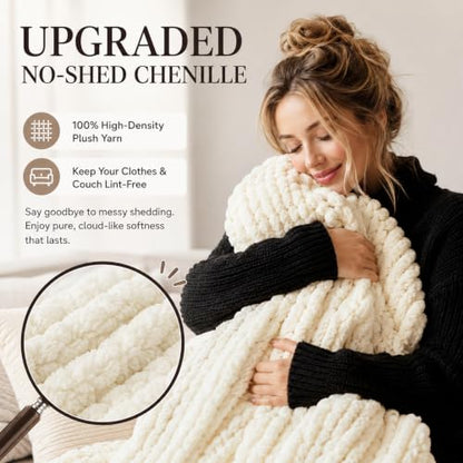 Luxury Chunky Knit Throw Blanket, Boho Chenille Cable Knit Blankets 50x60 | Upgraded no-shedding yarn, Super dense woven craftsmanship ensures durable cozy warmth for sofa, without pilling or fading.