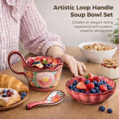 Soup Bowls with Handles, 3Pcs Ceramic Pink Plates and Bowls Sets with Cup, Spoon & Plate, Soup and Sandwich Plate Combo, Polish Pottery Mug for Breakfast, Snacks, Dessert, Dishwasher & Microwave Safe