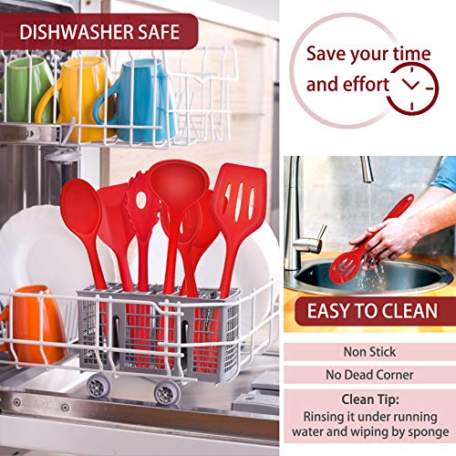 P&P CHEF Red Kitchen Utensils, Silicone Cooking Utensil Set of 7 | Soft Spatula for Nonstick Cookware, Slotted Turner, Soup Ladle, Pasta Server, Spoon for Cooking, Dishwasher Safe & Heat Proof - color: Red