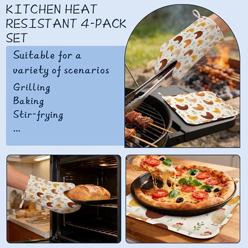 Kitchen Mitts Set,Farmhouse Chicken Oven Mitts and Pot Holders Sets,Thick Cotton Heat Resistant Rustic Hot Pan Holder Extra Long Cooking Mitts for Cooking Baking Grilling BBQ Bakeries - color: Farmhouse Chicken