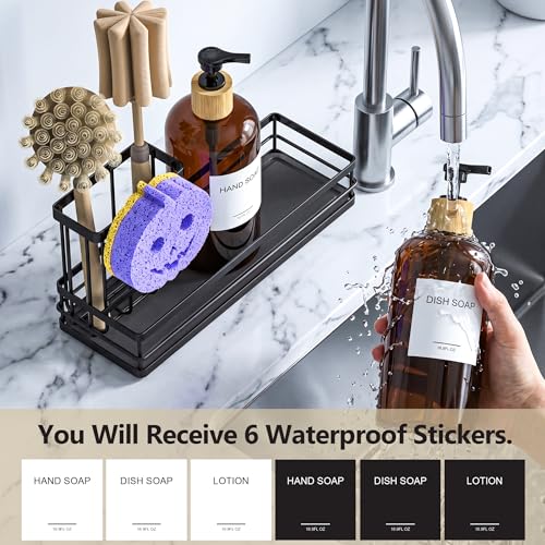 Moforoco Kitchen Dish Soap Dispenser Set, 16OZ Glass Bottle, Hand and Dish Soap Dispenser Set, Instant Dry Tray, Brush Holder with Smiley Face Sponge Holder (Black Tray+Amber Bottle+Labels) - color: Black Tray+amber Bottle+labels