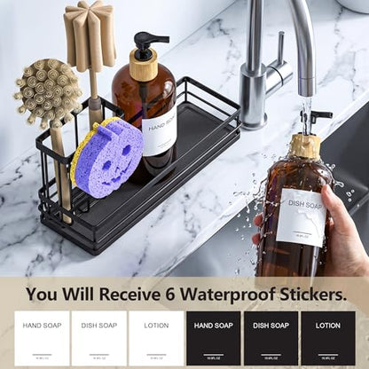 Moforoco Kitchen Dish Soap Dispenser Set, 16OZ Glass Bottle, Hand and Dish Soap Dispenser Set, Instant Dry Tray, Brush Holder with Smiley Face Sponge Holder (Black Tray+Amber Bottle+Labels) - color: Black Tray+amber Bottle+labels