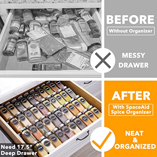 SpaceAid Spice Drawer Organizer with 40 Spice Jars, 386 Spice Labels, 4 Tier Seasoning Rack Tray Insert for Kitchen Drawers, 18.5" Wide x 17.5" Deep - size: 40 Jars, 18.5" Wide