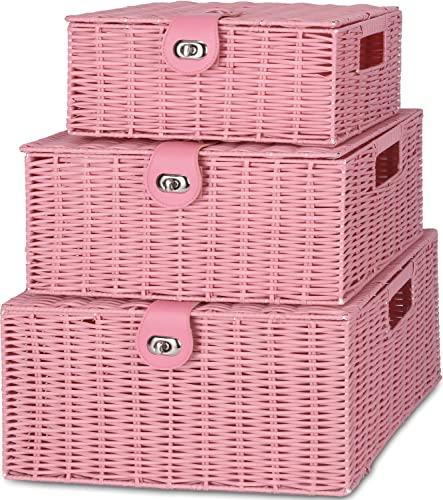Honygebia Pink Wicker Storage Baskets - Set of 3 Decorative Nesting Boxes with Lids, Woven Basket with Lock & Handle, Organizer for Beauty Makeup Bathroom Decor - color: Pink
