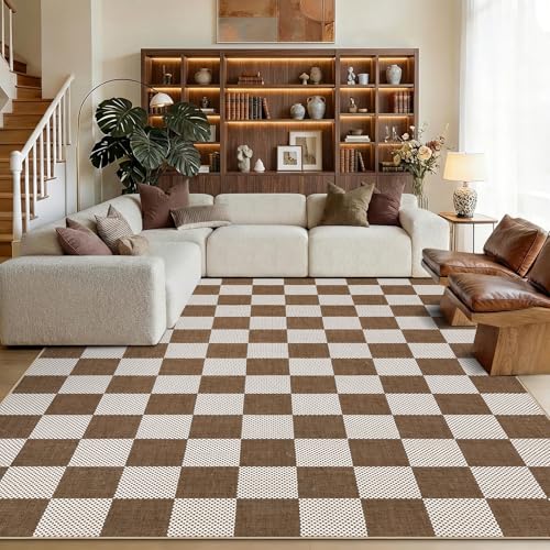 GarveeHome Checkered Terracotta Brown 6x9 Washable Rug Low-Pile for Bedroom | Non-Slip Terracotta Brown Soft Stain Resistant Rug for Bedroom Bathroom Living Room Geometric Modern Rug TPE Backing - color: Terracotta Brown, size: 6' x 9' (Rectangular)