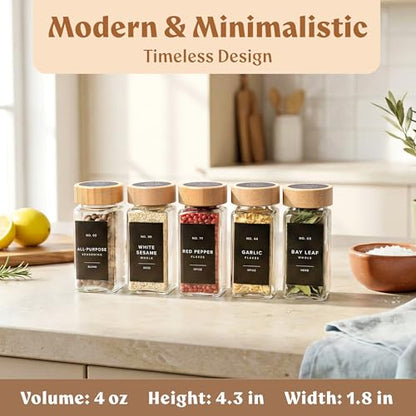 Square Glass Spice Jars (24 x 4oz) with Bamboo Lids + Magnetic Spice Rack for Refrigerator (Fits 12 Jars) + Bonus Slim Auxiliary Rack, 240 Labels, Shaker Inserts, Funnel - color: Bamboo Black Labels + Magnetic Rack