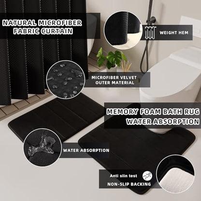 XLHOMO Bathroom Set - 25PC Black Bathroom Set with Shower Curtain and Rugs, Bathroom Accessories Set, Black Shower Curtain Set with Bathroom Trash Can - size: Bath Set+Shower Curtain+Rugs, style: Black