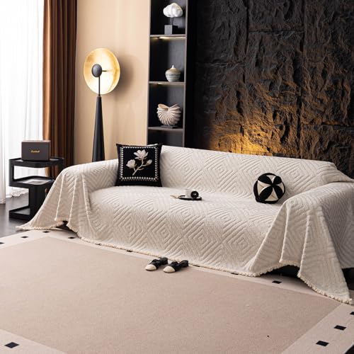 ROOMLIFE Couch Cover 3 Cushion Sofa, Washable Non Slip Furniture Sofa Protector Cover, Soft Chenille Sofa Slipcovers Sectional L Shape Dogs Couch Cover Throw Blanket with Tassels 71''X118'' - color: Hg01#beige, size: Large（71*118IN）