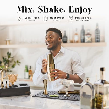 BARE BARREL® Mixology Bartender Kit Bar Set | 14-Piece Cocktail Shaker Set | Martini Barware Mixing Tools for Home Bartending | Incl. 35 Recipe Cards | Gift Set (28oz Boston Shaker, Gold/Black) - color: Gold/Black