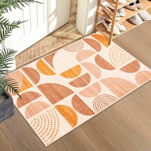 Boho Small Rug Washable 2x3 Area Rugs Non Slip Modern Abstract | Machine Washable Throw Carpet for Entryway Bathroom Entry Entrance Bedroom Kitchen Soft Low Pile Indoor Bohemian Orange - color: Orage and Beige, size: 2' x 3' (Rectangular)