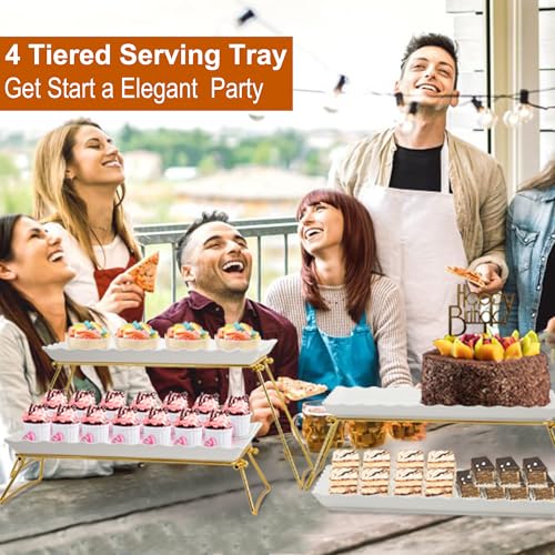 KAQAHIDO Extra Large 4 Tier Serving Tray Set, 34x22x10 inch Wave Edge Melamine Dessert Table Display Set, Tiered Trays Stand for Party Buffet Entertaining, Gold and White - color: Gold