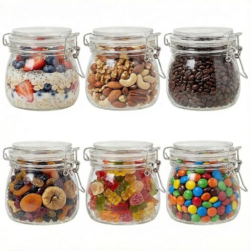 17oz Airtight Glass Jars, 6 Pack Clamp Lid Canisters, Small Food Storage Containers for Spices, Nuts, Snacks, Canning Jar for Jams & Pickling, Pantry Organization - size: 17 fl oz x 6 - Round