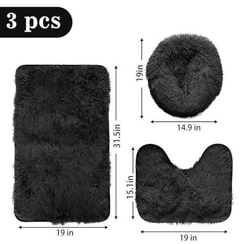 Black Bathroom Rugs Sets 3Piece Bath Mat Solid Bath Rug Floor Mats Washable Shower Rug with U-Shaped Contour Rug Toilet Lid Cover - color: Black, size: Set of 3