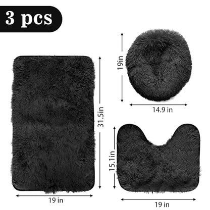 Black Bathroom Rugs Sets 3Piece Bath Mat Solid Bath Rug Floor Mats Washable Shower Rug with U-Shaped Contour Rug Toilet Lid Cover - color: Black, size: Set of 3