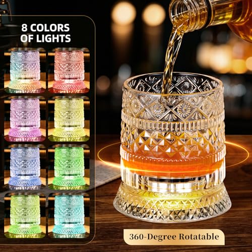 Luxury 360° Spinning Crystal Whiskey Glass Set Of 2, Rotating Old Fashioned Rocks Glasses & & 4 Color Lighting, Scotch & Bourbon, Cocktail Glasses for Bar, Party, Home, and Gift (Star Diamond) - color: Star Diamond