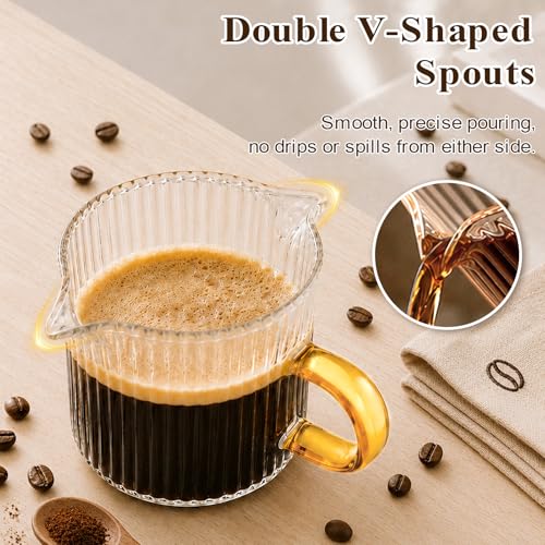 4OZ Glass Espresso Shot Cups Set with Gold Handle, Coffee Bar Accessories | Set of 2, double spouts cup clear milk cup