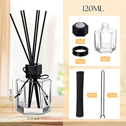 Huquary 12 Set 120 ml 4 Ounce Reed Diffuser Bottle Empty Glass Jars | Empty Diffuser Bottle with Caps, Black Rattan Stick Set,Fragrance Accessories, DIY Replacement Rattan Aromatherapy