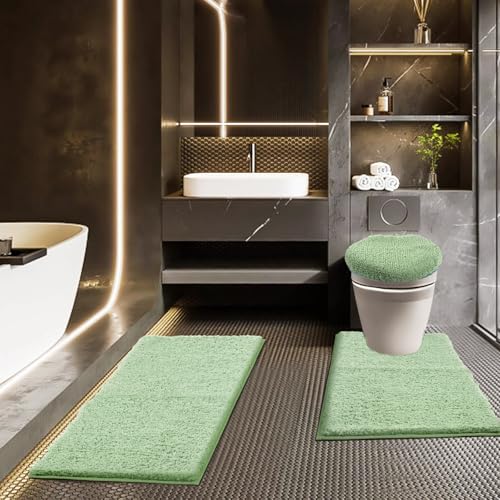 Bathroom Rugs Sets 3 Piece with Toilet Seat Cover 17.5"x 15" | Machine Washable Bath Rug Set with Tpr Non Slip Rubber Backing Solid Bath Mat Set for Luxury Bathroom Decoration - color: Sage Green, size: 17.5" x 15"+ 32" x 20"+ U 24" x 20"