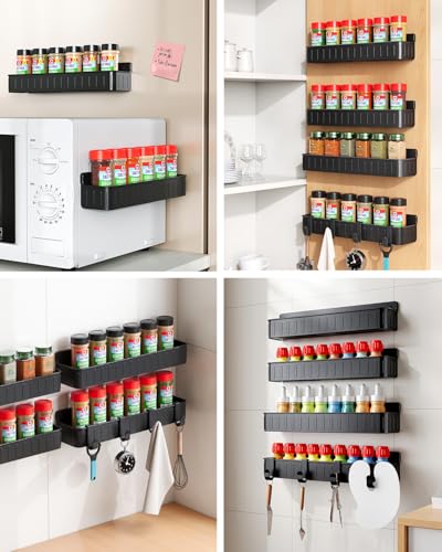 Nieifi Spice Rack Wall Mount, 4 Pack Black, 2" Depth, Screw/Adhesive | Wall-Mounted with Removable Hooks Saves Counter Space, Fits 2" Deep Jars, Ideal for Kitchen Cabinets, Pantry Doors, and RVs - color: Black