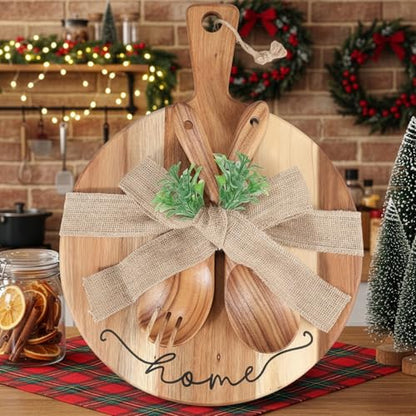Patelai Cutting Board Gift Housewarming Cutting Board with Spoon Fork and Ribbon Charcuterie Boards Wooden Serving Tray for Cheese Fruit Bread Salad Vegetables Snack Dessert - style: round