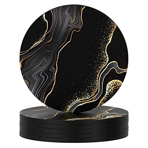 Coasters for Drinks, Set of 6 Absorbent Rubber Drink Coasters for Cup | Set of 6 Cute Absorbent Rubber Drink Coasters for Cup with Non Slip Backing, Kitchen Home Decor Housewarming Gift, Round 4 in - color: Luxury Black Marble