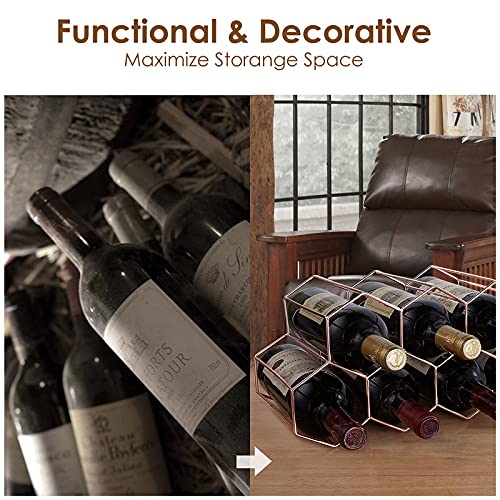 FOMANSH Countertop Wine Rack - 7 Bottle Holder for Storage, Freestanding Metal Tabletop Stand With Modern Design for Kitchen, Cellar, Bar Cabinet - color: Rose Gold