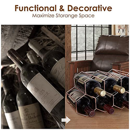 FOMANSH Countertop Wine Rack - 7 Bottle Holder for Storage, Freestanding Metal Tabletop Stand With Modern Design for Kitchen, Cellar, Bar Cabinet - color: Rose Gold