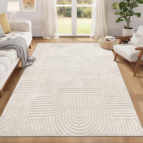 Pauwer 5x7 Area Rugs for Living Room, Modern Non Slip Washable Rug, Beige | Arch Pattern, Soft Fluffy, Neutral, Boho Accent, Solid Color Floor Carpet, For Kids Room Dining Room Nursery Entryway - color: Beige, size: 5'x7'