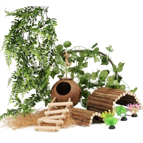 10PCS Crested Gecko Tank Accessories, Reptile Plants Bridge Vines, Coconut Shell with Ladder for Lizard, Chameleon Cage, Snakes, Hermit Crab, Leopard Gecko Tank Accessories, Terrarium Decor - color: coconut shell