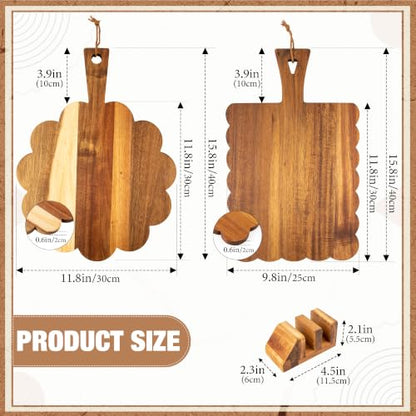 2 Pcs Acacia Wood Scalloped Cutting Chopping Board with Handle Decorative Cutting Boards for Kitchen Charcuterie Serving Tray Prep, Meat, Cheese, Bread, Fruit (with Hanging Rope & Holder)