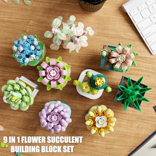 TYCOLE 9 in 1 Tiny Flowers Succulents Artificial Plant Set-Creative Botanical Building Block Toy, Botanical Collection for Office&Home Decor, Birthday Gift for Adults and Kids 8-12(832 PCS)