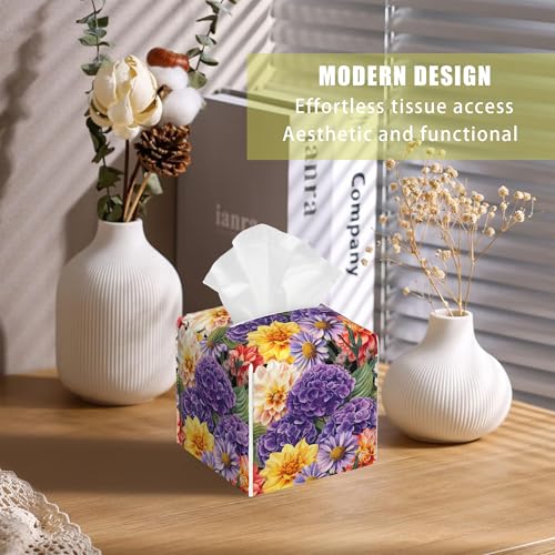 Hydrangea and Dahlia Flower Tissue Box Cover Square, Daisy Tissue Box Holder with Bottom Belt Leather Facial Paper Organizer Dispenser for Bathroom Bedroom Dresser Night Stand Tabletop - color: Hydrangea and Dahlia Flower