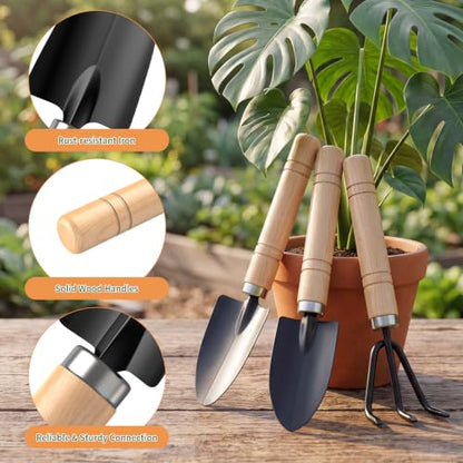 3 Pcs Mini Garden Tool Set with Small Trowel, Mini Shovel & Hand Rake | Iron Gardening Hand Tools with Wood Handle, Potting & Transplanting Tool Kit for Houseplants, Succulents, Herbs & Flowers - color: natural wood-3pcs