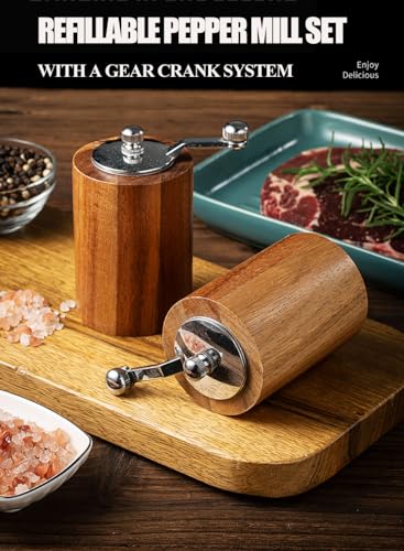 Acacia Wood Salt and Pepper Grinder Mills Sets,Wooden Shakers with Adjustable Ceramic Core,Classic Manual Salt Grinder Refillable Pepper Mill Set with a Gear Crank System for kitchen Spice