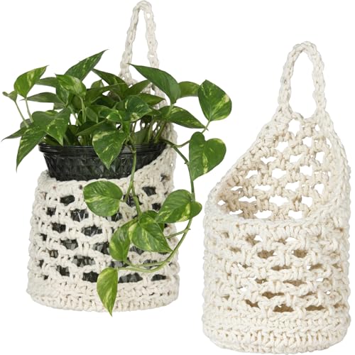 2 Pcs Macrame Planter Basket Wall Hanging Pot Holder for Indoor Plants 4 Inch Pots Decorative Succulents Display Plant Hanger Net Bag for Home Garden, White