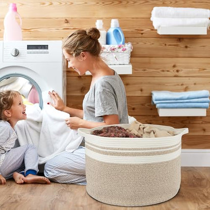 XUANGUO Extra Large Cotton Rope Round Storage Basket 22" x 14" | Woven basket for blankets, toys, towels, laundry, nursery, living room and pet toy storage. - color: white and brown