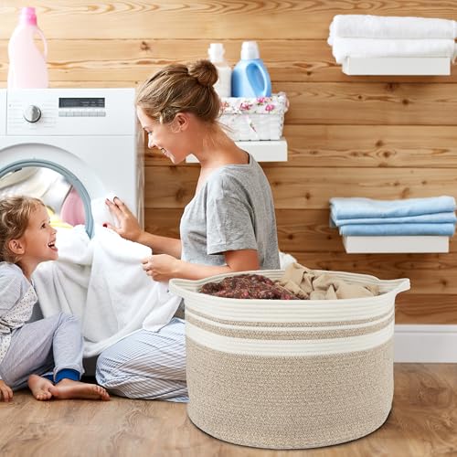 XUANGUO Extra Large Cotton Rope Round Storage Basket 22" x 14" | Woven basket for blankets, toys, towels, laundry, nursery, living room and pet toy storage. - color: white and brown