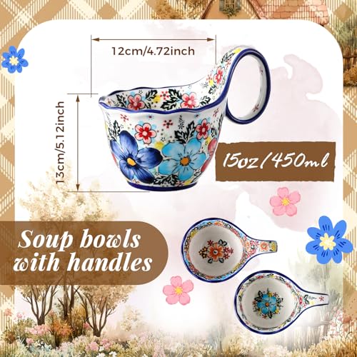 LemonRoad 2 Pack 15 oz Ceramic Soup Bowls with Handle,Roman Garden | Handpainted Decorative Soup Mug, Microwave & Dishwasher Safe, Loop Handle, for Fruit Chili Stew Ice Cream, Gift