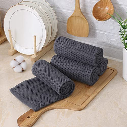 Kitinjoy 100% Cotton Waffle Weave Kitchen Towels, 4-Pack Super Soft and Absorbent Dish Towels for Drying Dishes, Kitchen Hand Towels, 13 in x 28 in, Dark Grey | Super Soft, Ultra-Absorbent, Fast Drying, lightweight, Quick Drying Kitchen Hand Towels - colo