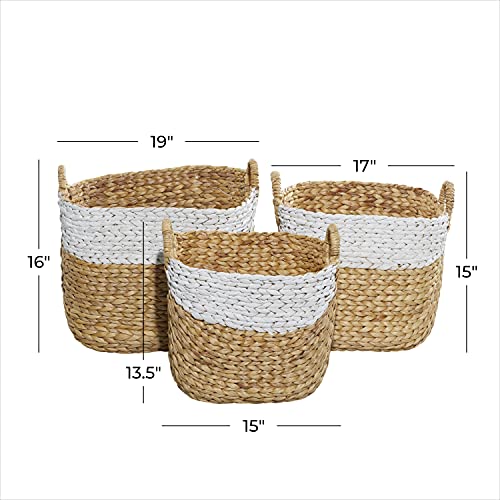 Deco 79 Seagrass Handmade Two Toned Storage Basket with Handles, Set of 3 19", 17", 15"W, Brown - size: 19" x 17" x 15"