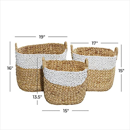 Deco 79 Seagrass Handmade Two Toned Storage Basket with Handles, Set of 3 19", 17", 15"W, Brown - size: 19" x 17" x 15"